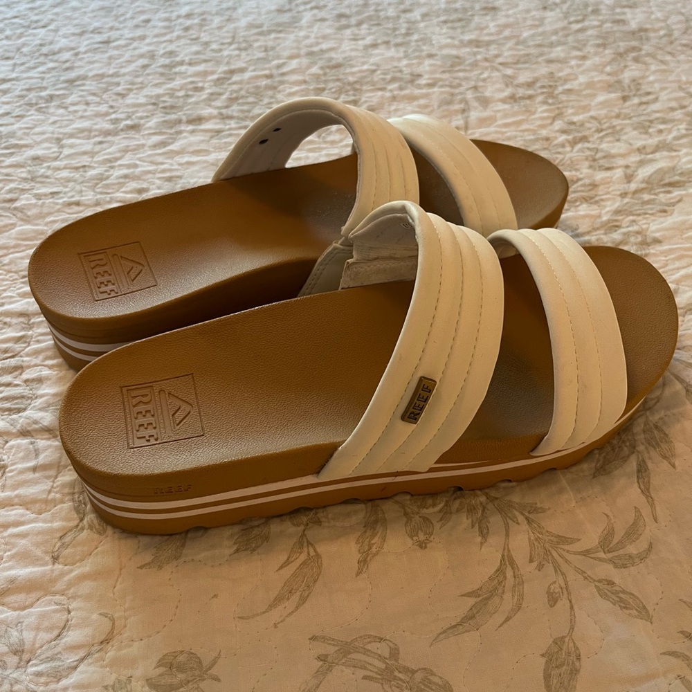 Reef Cream and Tan Slide Sandals
